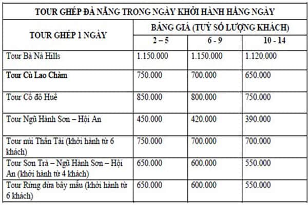 bảng giá tour ghép đà nẵng trong ngày khởi hành hằng ngày